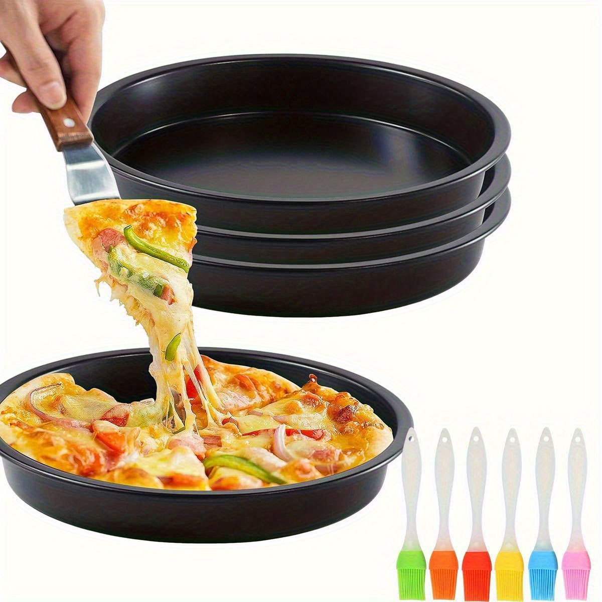 Kitchen Baking Brush - ถาดอบพิซซ่าแบบไม่ติดกระทะ ขนาด 6/8/9/10 นิ้ว ทรงกลม ทำจากเหล็กกล้าคาร์บอน