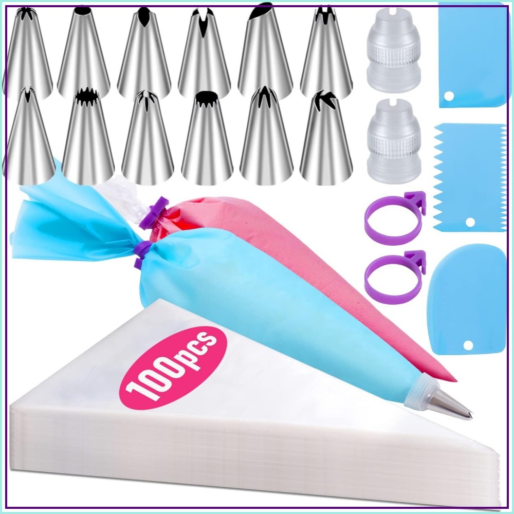 Decorating Tip Set - ถุงบีบครีมแบบใช้แล้วทิ้ง 100 ชิ้น และชุดหัวบีบ 12 ชิ้น,