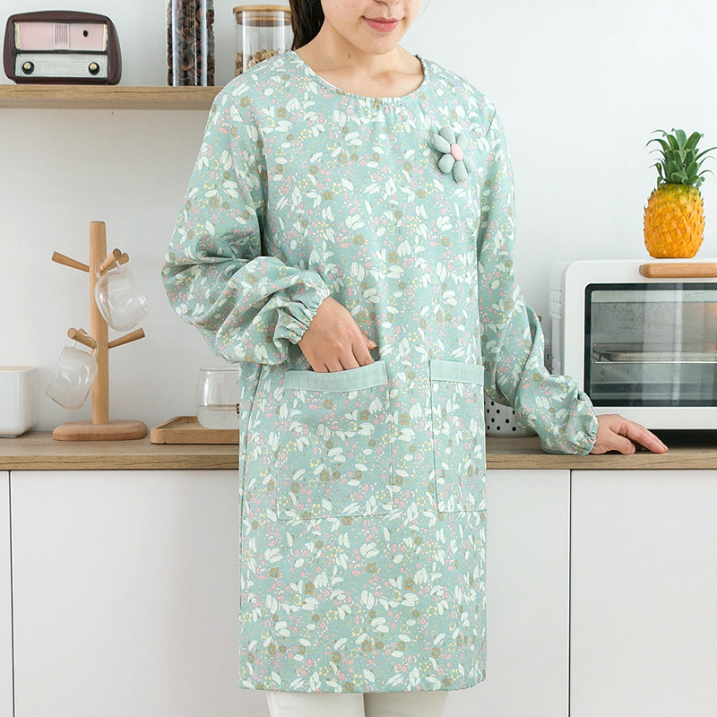 Kitchen Job - ผ้ากันเปื้อนแขนยาวผ้าฝ้ายสำหรับผู้หญิง กันน้ำ กันน้ำมัน สำหรับใช้ในครัวเรือน