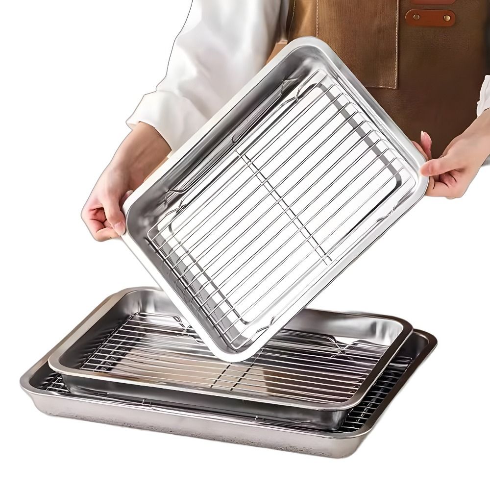 Kitchen Oven Baking Pans - ถาดอบสี่เหลี่ยมสแตนเลสแบบพกพาเคลือบสารกันติด พร้อมตะแกรงระบายความร้อนสำหรับเตาอบ ใช้สำหรับทำอาหารและย่าง