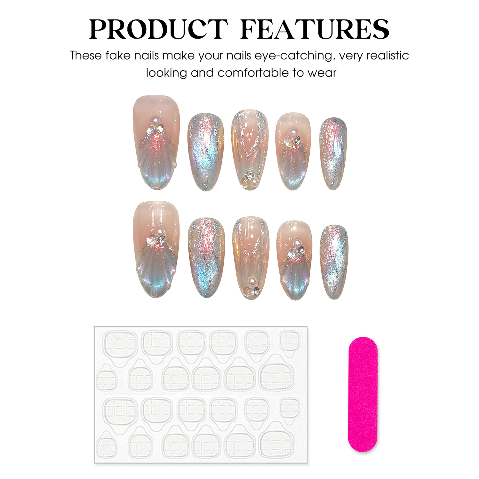 Decorating Tip Set - เล็บปลอมสำหรับผู้หญิง สไตล์นางเงือกสุดโรแมนติก เงางาม รูปทรงวงรี สำหรับตกแต่งเล็บ DIY