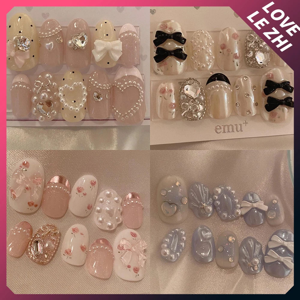 Decorating Tip Set - โบว์ประดับมุกดอกกุหลาบสีชมพูทำมือกดบนเล็บด้วยพลอยเทียมน่ารักสั้นบัลเล่ต์เล็บปลอมเคล็ดลับการทำเล็บสวมใส่ได้