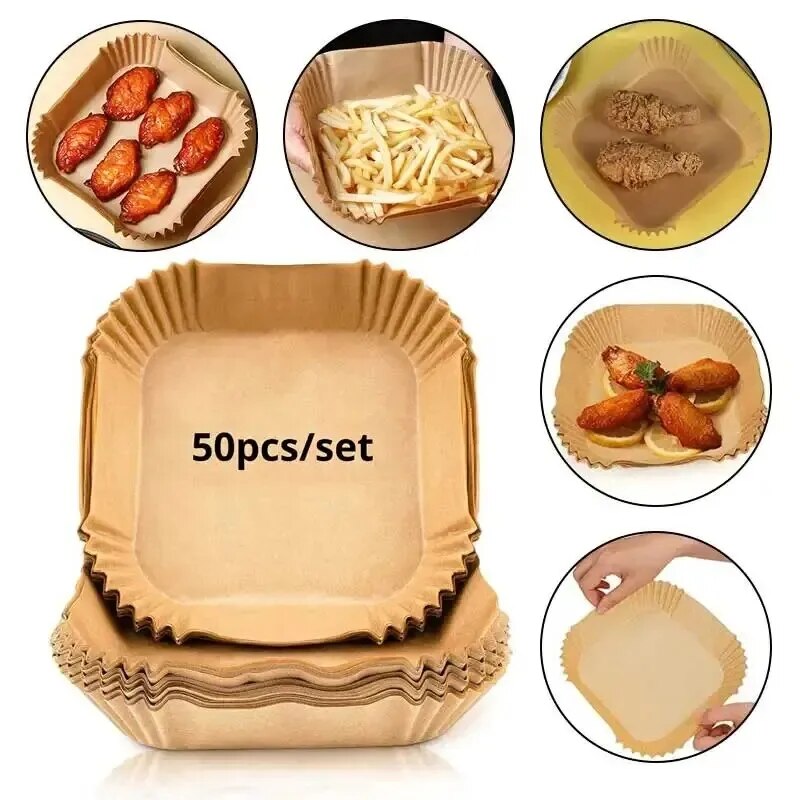 Kitchen Baking Paper - กระดาษรองอบสำหรับหม้อทอดไร้น้ำมันแบบใช้แล้วทิ้ง 50 ชิ้น กระดาษรองอบกันติดสำหรับหม้อทอดไร้น้ำมัน กระดาษรองทรงกลมสำหรับหม้อทอดไร้น้ำมัน อุปกรณ์เสริมในครัว